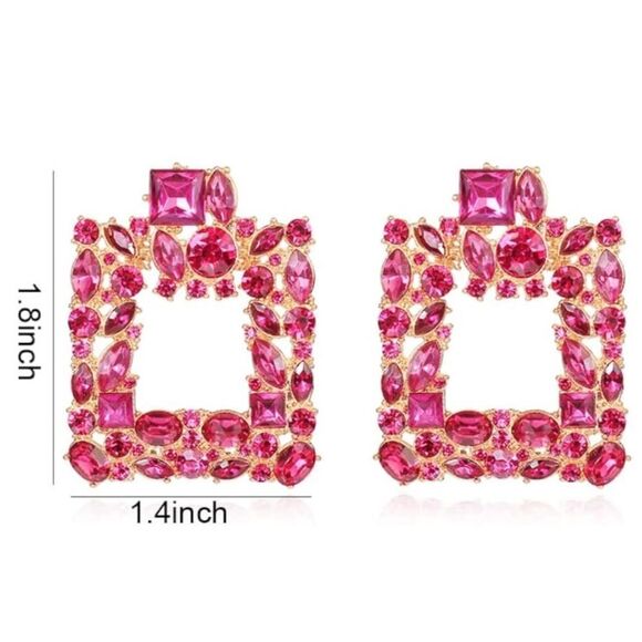 Yellow Gold with Pink Tourmaline and Sapphire Crystal Geometric Square Earrings - Picture 6 of 6